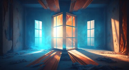 Poster - Futuristic portal. Podium, pedestal, platform. Cyberpunk modern blank space. technological background,digital hi-tech elements for presentation product...