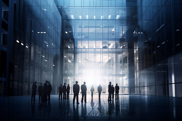 Poster - Double Exposure Business Meeting in Backlit Modern Building. Corporate Success and Teamwork Concept with Group of Businessmen and Women