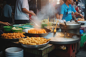 Wall Mural - Asian street food. Fried take away food on sticks. Traditional oriental dishes at street market. Created with Generative AI