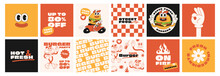 Burger Retro Cartoon Fast Food Posters And Cards. Comic Character Slogan Quote And Other Elements For Burger Bar Restaurant. Social Media Templates Stories Posts. Groovy Funky Vector Illustration.