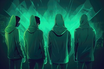 Wall Mural - Hacker or thief concept. People in green are standing and protecting themselves from cyberattacks. Generative AI