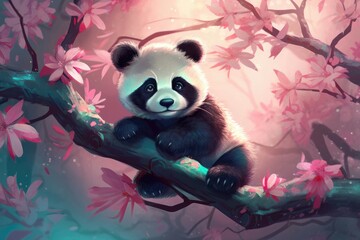 Canvas Print - Cute baby panda sitting on a tree branch, surrounded by pink cherry blossoms and green leaves. Illustration Cartoon. Generative AI