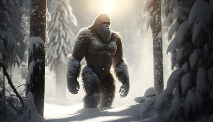 Wall Mural - Mysterious creature bigfoot in middle of winter forest with sun light. Generation AI