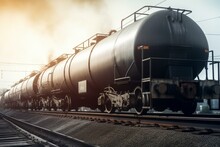 Railway Tank Car Carrying Petroleum On Track. Freight Train Transporting Liquid Cargo Such As Crude Oil, Gas, And Diesel Fuel In Tankers. Logistics, Shipping, And Transportation. Generative AI