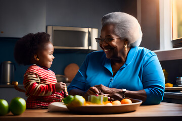  Smiling happy grandmother with satisfaction on face teaches her grandchildren to cook breakfast in the kitchen at early morning. Concept of active age. Generative AI