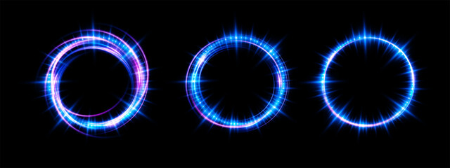 Leinwandbilder - Magic fantasy portal. Round light frame, Futuristic teleport. light effect. Blue, purple, neon lights illuminate the night scene with sparks on a transparent background. Light effect of an empty podiu