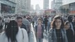 canvas print picture - An AI-generated, crowd of people walking on busy urban city streets, with system of AI Facial Recognition scanning each person. Big Data analysis interface, personal information concept, CCTV 