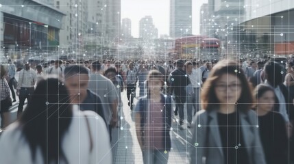 An AI-generated, crowd of people walking on busy urban city streets, with system of AI Facial Recognition scanning each person. Big Data analysis interface, personal information concept, CCTV 