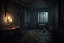 Skittish Old Room: Spooky Abandoned House Haunted By Halloween Ghosts - Dark Creepy Interior Background Concept Art: Generative AI