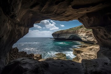 Wall Mural - Expanse of Mediterranean Sea Views from Malta's Gozo Cave: Feel the Power of Nature's Coast: Generative AI