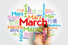 March In Different Languages Of The World, Word Cloud Concept Background