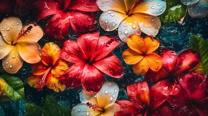 Bright multicolored flowers in water drops. Floral background top view, Generative ai