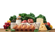 © Anna Puzatykh - Variation of fruits, vegetables, dairy products on wooden countertop. Zero waste grocery purchases