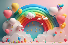 Generative Ai Illustration, Abstract 3d Rainbow With Clouds And Colorful Balloons