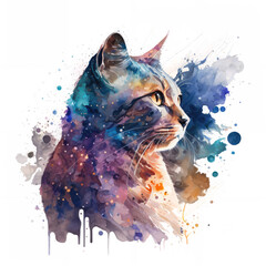 Watercolor galaxy painting illustration of a cat side profile with transparent background. Generative AI