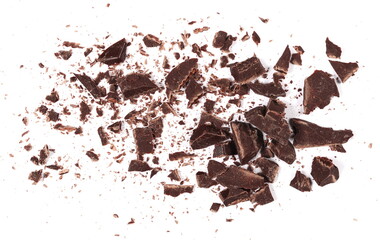 Canvas Print - Pile chopped, milled dark chocolate isolated on white, top view