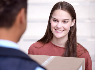 Poster - Ive been waiting forever. Shot of a woman accepting her delivery from the delivery man.