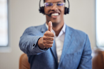 Poster - Making sure profits stay on the rise. Closeup shot of a call centre agent showing thumbs up while working in an office.