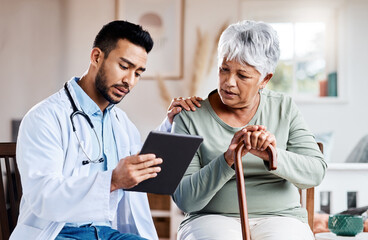 Poster - Well have to run more tests. Shot of a young doctor sharing information from his digital tablet with an older patient.