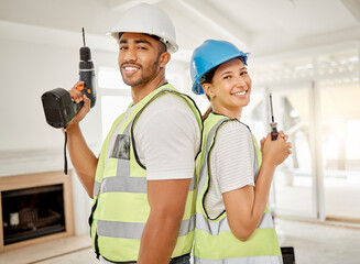 Poster - Lets get renovating. Shot of two construction workers standing back to back in a house and holding maintenance equipment.