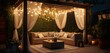A beautiful patio, featuring pergola adorned with twinkling string lights and draped with elegant outdoor curtains, generative Ai