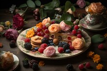 A Floral Decorated Plate With Sweet Treats And Fruits. Generative AI