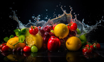  Mouth-watering ripe juicy fruit and vegetables in the water splashing around. Healthy organic food concept. Black backdrop. Close up. Generative AI.