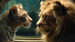 A Cat looking into the mirror next to lion