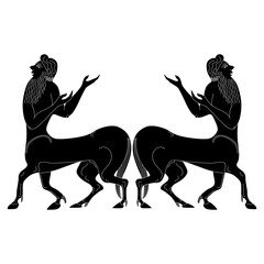 Wall Mural - Symmetrical ethnic design with two ancient Greek centaurs. Half men half horses. Vase painting style. Black and white silhouette.