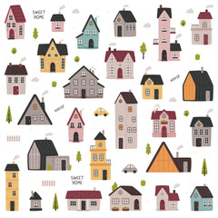 Wall Mural - Tiny Houses with Roof and Steaming Chimney as Cozy and Sweet Home Vector Set