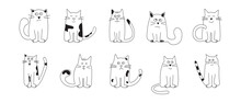Cute Cat Doodle, Cartoon Animal, Funny Pet, Happy Kitten Character Hand Drawn Vector Icon. Black And White Meow Collection Isolated On White Background. Kids Illustration