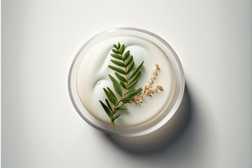 Natural face cream in a petri dish on a white table and plant branches, top down