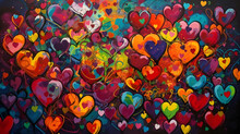 Explosion Of Hearts In A Variety Of Colors On Canvas