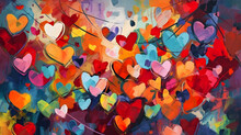 Explosion Of Hearts In A Variety Of Colors On Canvas
