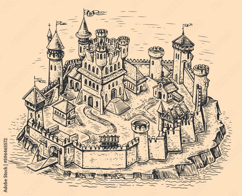 Old medieval castle with various buildings, surrounded by stone wall ...