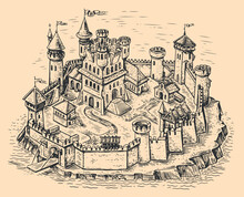 Old Medieval Castle With Various Buildings, Surrounded By Stone Wall With Towers. Town Map In Vintage Engraving Style