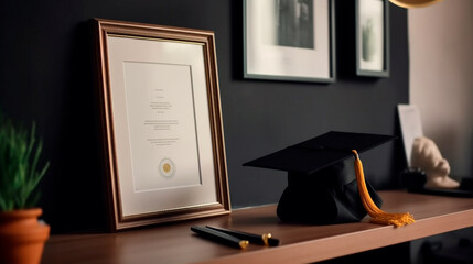 Empty frame on office wall diploma degree certificate credentials image photo poster business chief executive officer ceo cfo cxo promotion portrait work 3d fill in blank. Generative AI