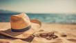 Straw hat, bag and sun glasses on a tropical beach, Generative Ai