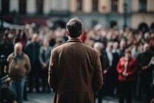 The Back Of The Person Speaking, Blurred Background A Crowd Of Spectators. AI Generative