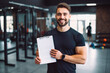Gym fitness and portrait of personal trainer with clipboard. Healthy lifestyle concept and training. Generative AI
