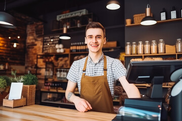 Cheerful young man cashier working in cafe. Coffee shop cashier smiling behind desk. Generative AI