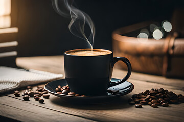hot black coffee mug on wooden table , cozy warm mood , black and brown tones