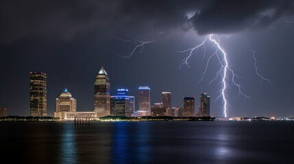 Wall Mural - image of a night city with lightning. background banner . Generative AI 