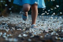 A Close - Up Of Child Legs Wearing White Clothes And Running Around On The Field Of White Flowers, Blurred Background Of A Lot Of White And Blue Petals Fluttering By Wind, Sunlight. AI Generative