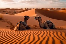 Two Camels Resting In The Desert Sand. Generative AI
