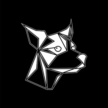 Low poly illustration of a geometric dog head with black and white polygonal lines on black background