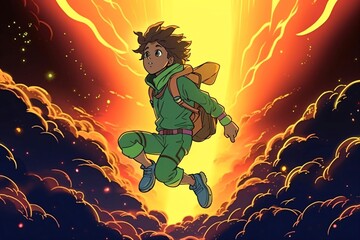anime boy with super powers flies in the sky created with Generative AI technology