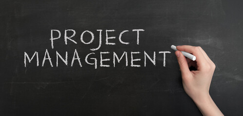 Poster - A woman's hand write text PROJECT MANAGEMENT with chalk on chalkboard