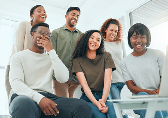 Poster - Some of these videos are really funny. Shot of a diverse group of people using a laptop during group therapy.