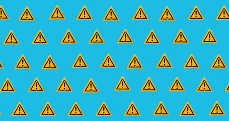 Wall Mural - Yellow triangle attention warning signs with black exclamation marks repeated on blue background